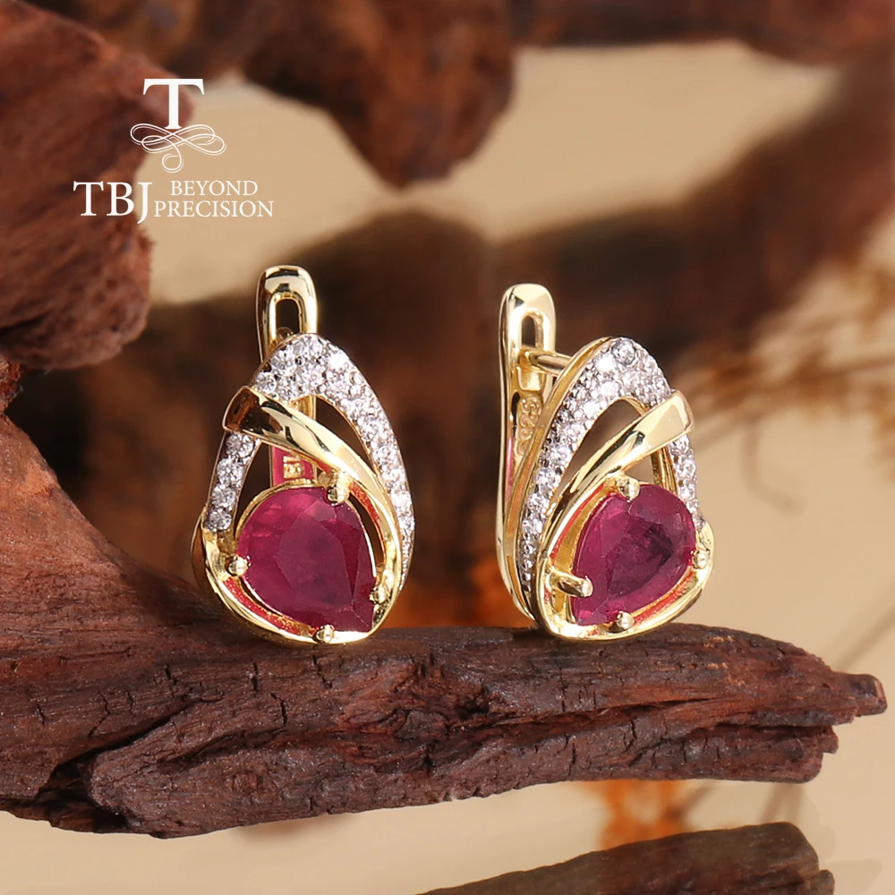 Tbj exquisite 3.74ct natural pear 6*8mm filled ruby clasp earrings 925 Sterling Silver fine jewelry for women's engagement gift - Image 3