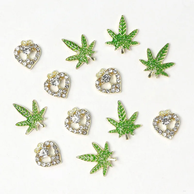 

New 10pcs/bag cute Nail Art Diamond Green Maple Leaf Heart-shaped Nail Paste Alloy Love Nail Ornament diy phone case parts