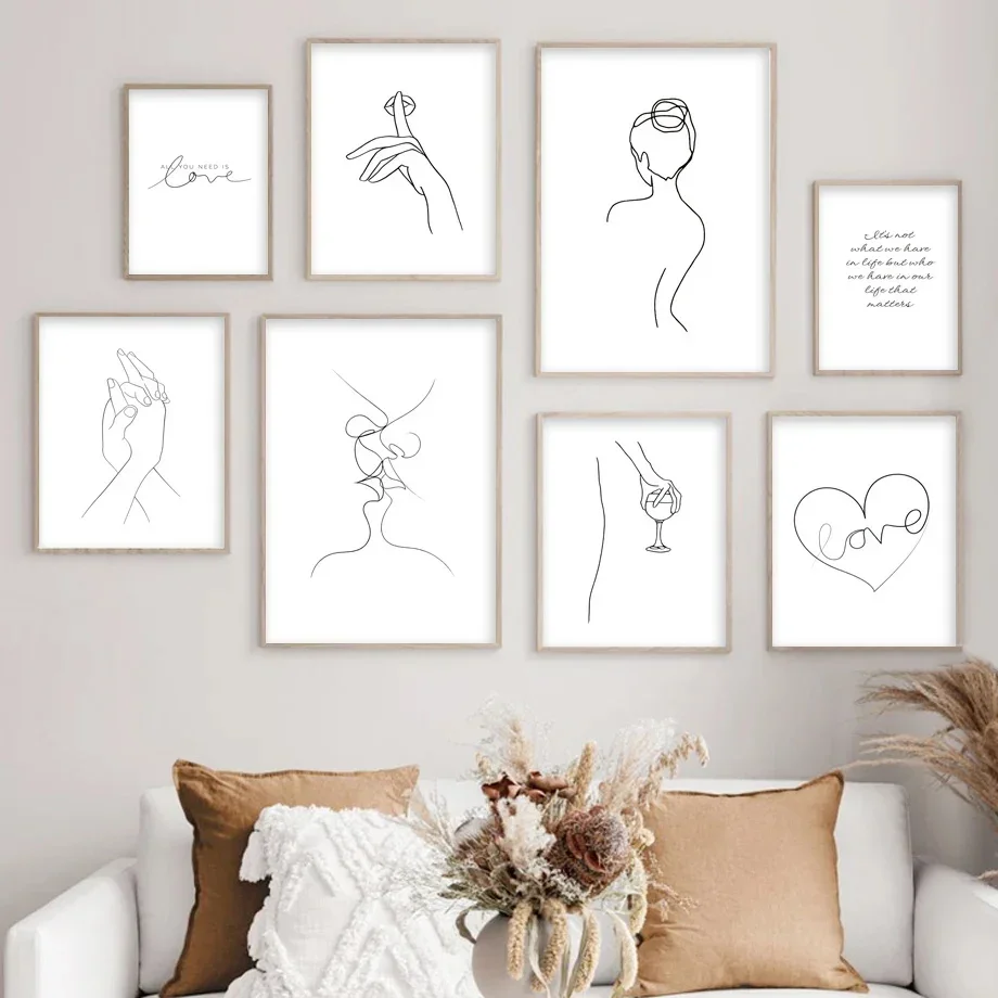 Black White Line Woman Kiss Love Abstract Wall Art Canvas Painting Nordic Posters And Prints Wall Pictures For Living Room De