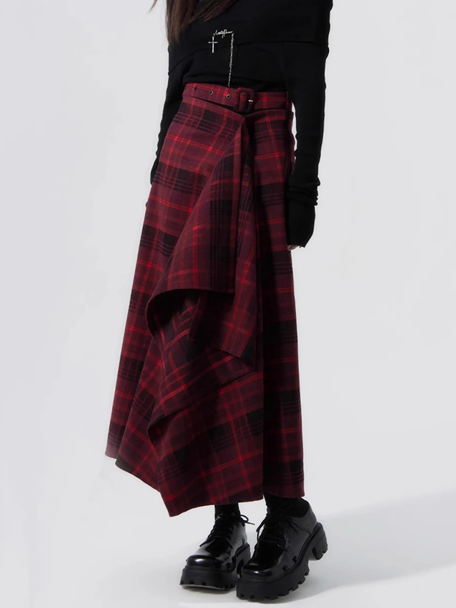 REDDACHiC Goth Girl Tartan Asymmetrical Long Skirt Retro Red Plaid Flowy A-line High Waist Ruffle Skirt Women Grunge Streetwear