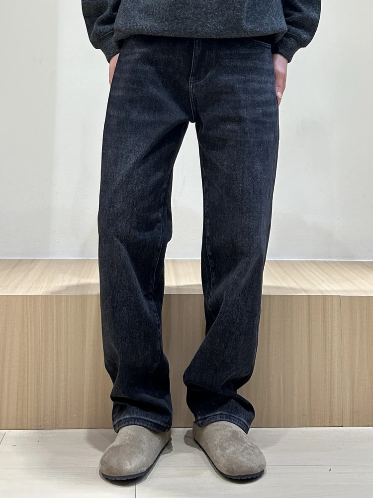 

Men's Retro Waed Thiened Straight Leg Casual Jeans Autumn Winter Loose Fit Wide Leg Versatile Slimming Long Pants