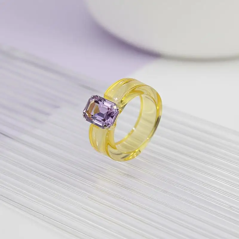 Y2K Aesthetic Chunky Resin Rings Candy Colored Transparent Square Rhinestone Inlay Fashion Jewelry for Women Casual Wear