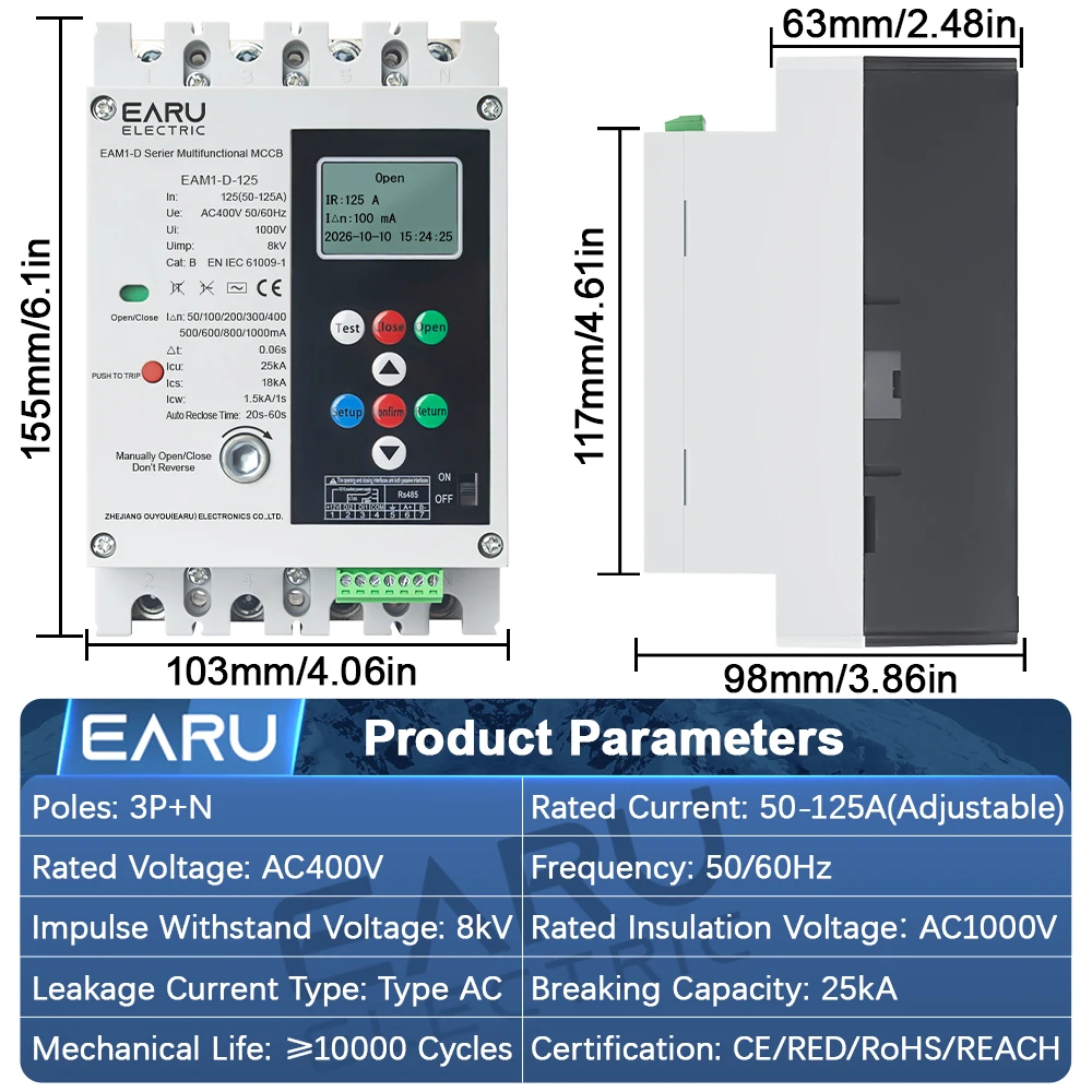 EARU 4P 125A RS485 Mutlifunctional MCB MCCB RCBO Recloser Over Under Voltage Current Protector Short Circuit Leakage Protection