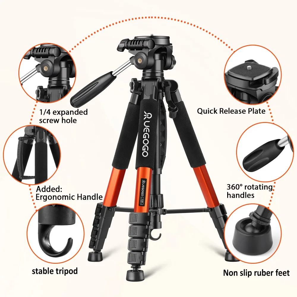 Q188 187cm Portable Camera Tripod Aluminum Alloy 6kg load capacity for DSLR Nikon, phone holder 360° Panorama Photography