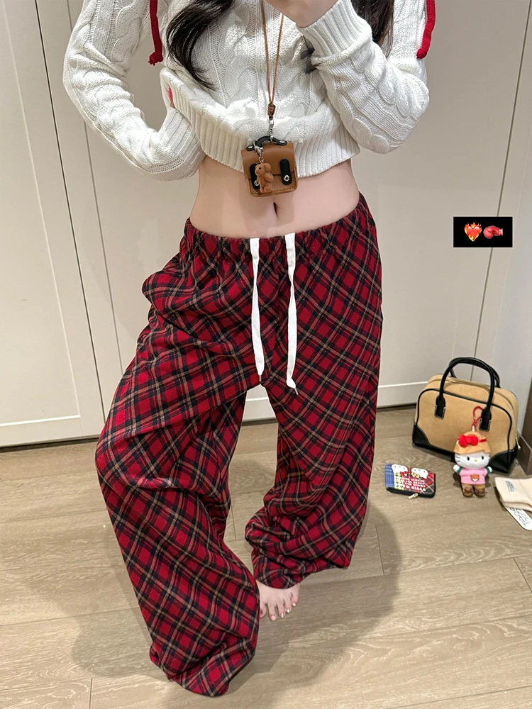 Retro American Plaid Loose Wide Leg Casual Pants Women's Autumn Winter Christmas Red Check Straight Leg Sweatpants