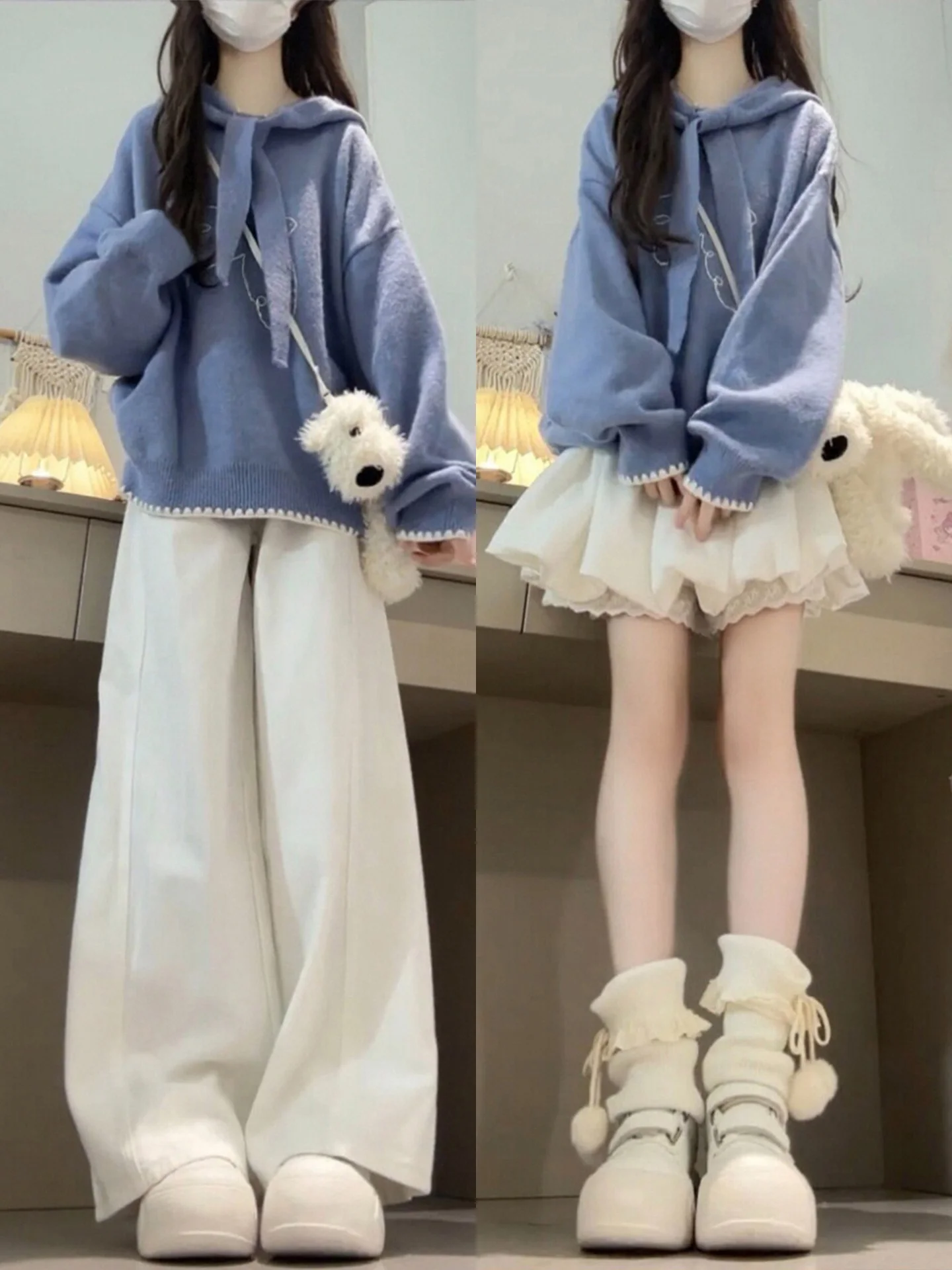 

Salt Series Women's Autumn Winter Faion Knitted Hat Sweater Wide Leg Pants ort Skirt Set Casual Loose Fit High Waist