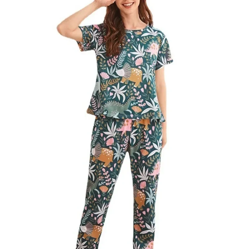 Women's Pajamas Set 2 Piece Plants Print Pyjama Soft Sleepwear Spring Summer Short Sleeve Long Pants Pijama Mujer Pjs Homewear