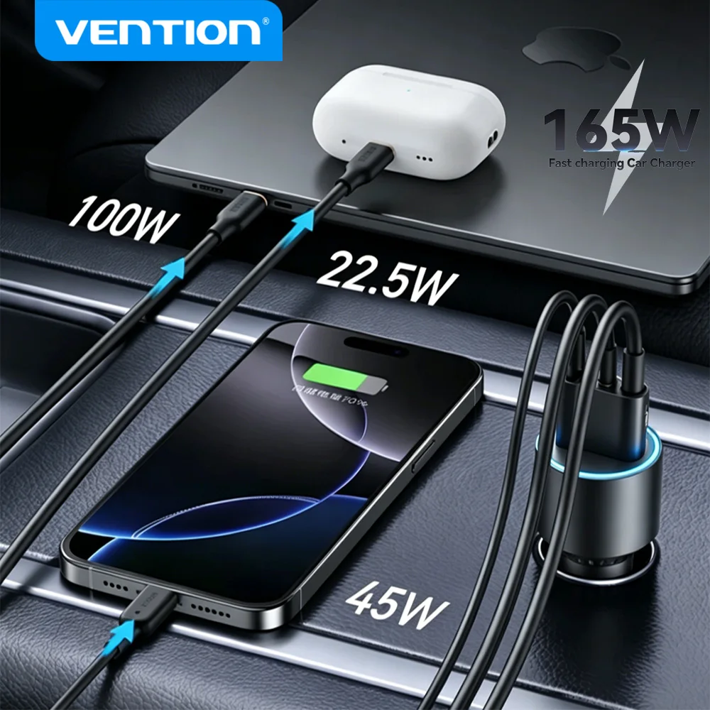 Vention 165W Car Charger PD QC4.0 100W Quick Charging For Macbook OPPO VIVO POCO SFC2.0 45W USB C Charger For Samsung S25 Ultra