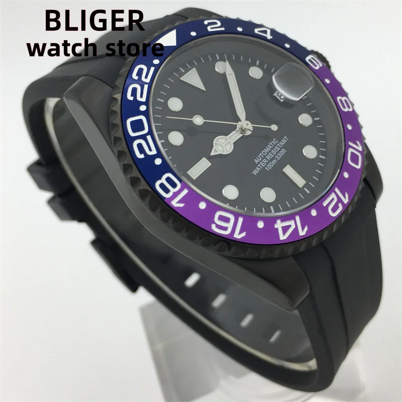 BLIGER NH35 PT5000 MIYOTA Black Purple/Blue Purple Insert Automatic Men\'s Watch 40mm Black case Rubber bracelet Date Sapphire