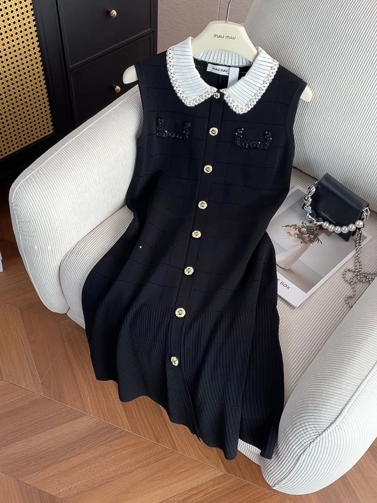 

Summer New Little Bla Dr Faionable Knitted Vest Dr Women's Svel Turn-down Collar Color Blo Casual Dres