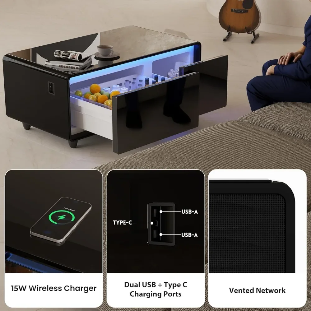 

Smart Coffee Table with Built-in Fridge | Living Room Table w/ 15W Wireless Charging, USB Ports & Speakers