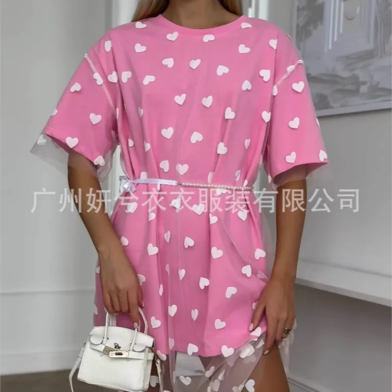 2025 Heart-shaped Print Dress Mesh Splicing Loose Short Sleeve T-shirt Cotton O-neck Fashion Chic New Summer Dresses for Women