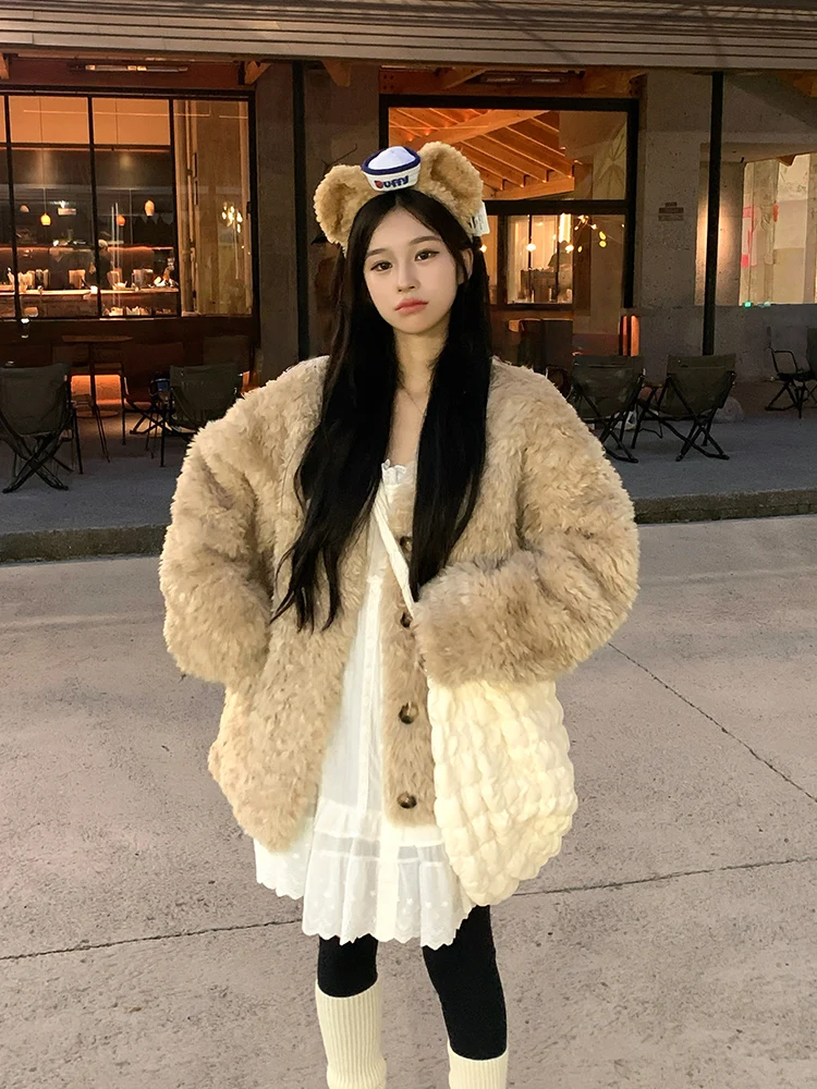 

Женская свободная зимняя верхняя одежда Adan Fufu из овечьей шерсти и искусственной кожи, в корейском стиле, для повседневной носки