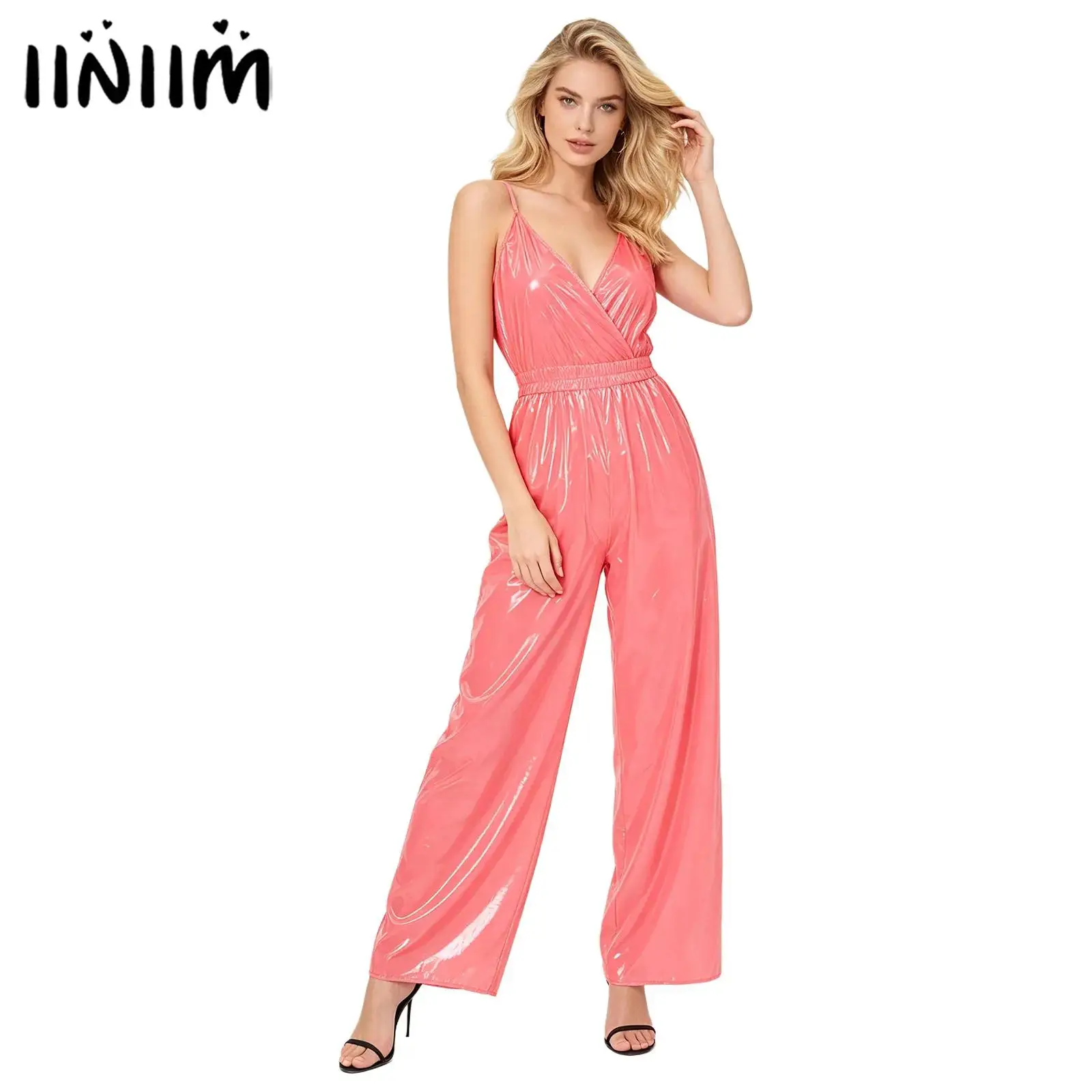 Womens Glossy Waterproof Overalls Jumpsuit Wrap V Neck Backles Elastic Waist Straight Wide Leg Pants One Piece Rompers Clubwear
