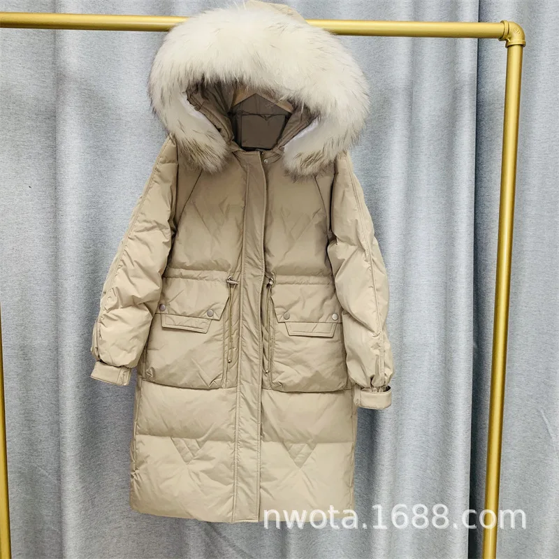 Mid Length Down Jacket with Plush Collar for Women's Knee Length Thick Drawstring Insulation Jacket