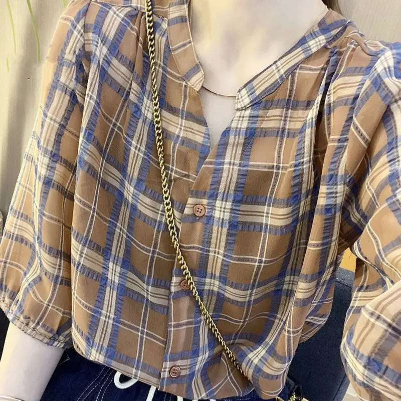 Casual Single-breasted Shirt Fashion Plaid 2023 Summer Printed Korean Half Sleeve Female Clothing Commute V-Neck Loose Blouse