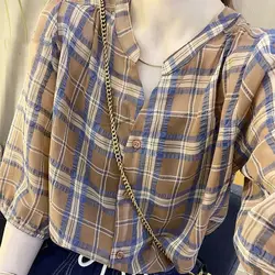 Casual Single-breasted Shirt Fashion Plaid 2023 Summer Printed Korean Half Sleeve Female Clothing Commute V-Neck Loose Blouse