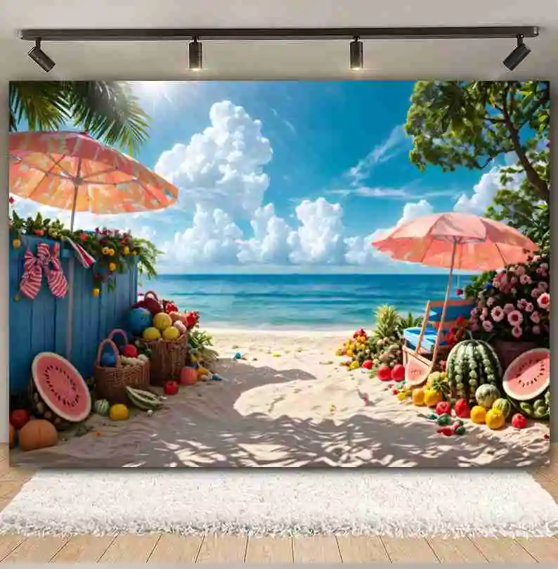 Summer Beach Backdrop Photo Hawaiian Seaside Sunshine Palm Tree Tent Tropical Fruit Holiday Party Decor Photography Background