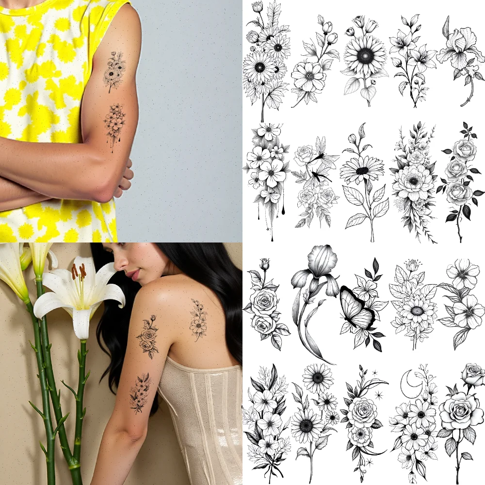

9pcs Temporary Tattoo Floral Patterns Waterproof Long-lasting Body Stickers Butterfly Tattoos Line Art For Back Shoulders