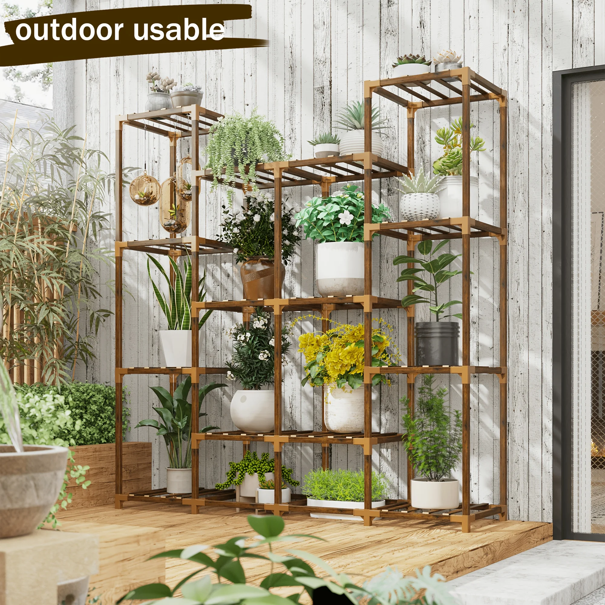 14-Tier Wooden Corner Plant Stand - Space-Saving Vertical Design with Hanging Space for Multiple Potted Plants