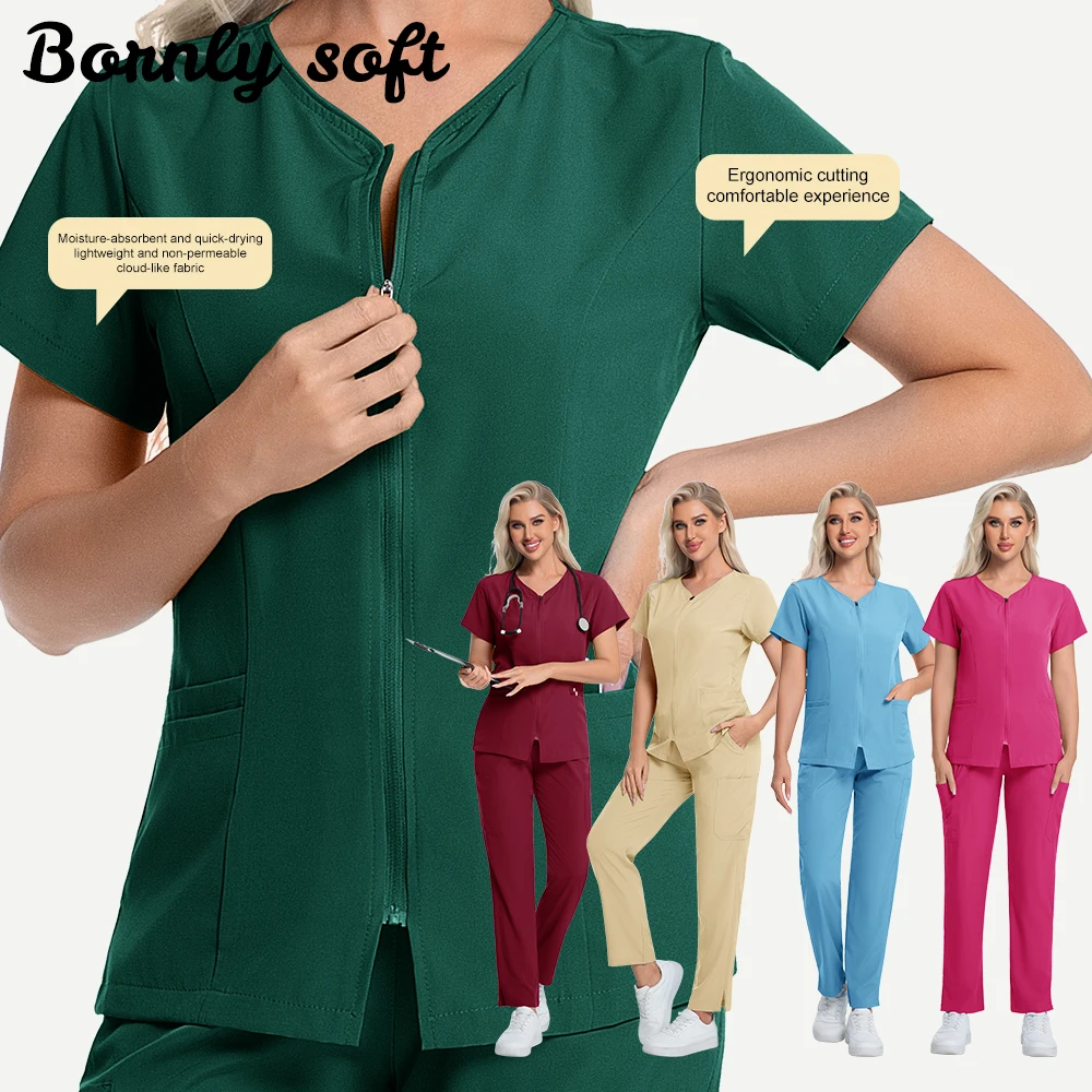 

New Zipper Scrub sets Medical Uniform Beauty salon work uniforms hospital clinic Doctor Surgery Suit Short sleeve Nurse Workwear