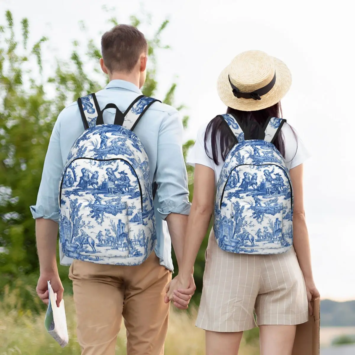 Blue And White Toile De Jouy Student Backpack School Bag Hiking Travel Daypack for Boys Girls Bookbag Shoulder Bags