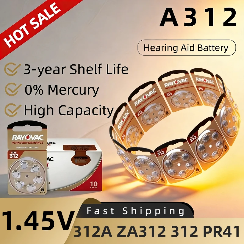 

Rayovac PEAK 1.45V High Performance Hearing Aid Batteries 6-60PCS 312 312A A312 PR41 Compatible with BTE CIC RIC OE Hearing Aids