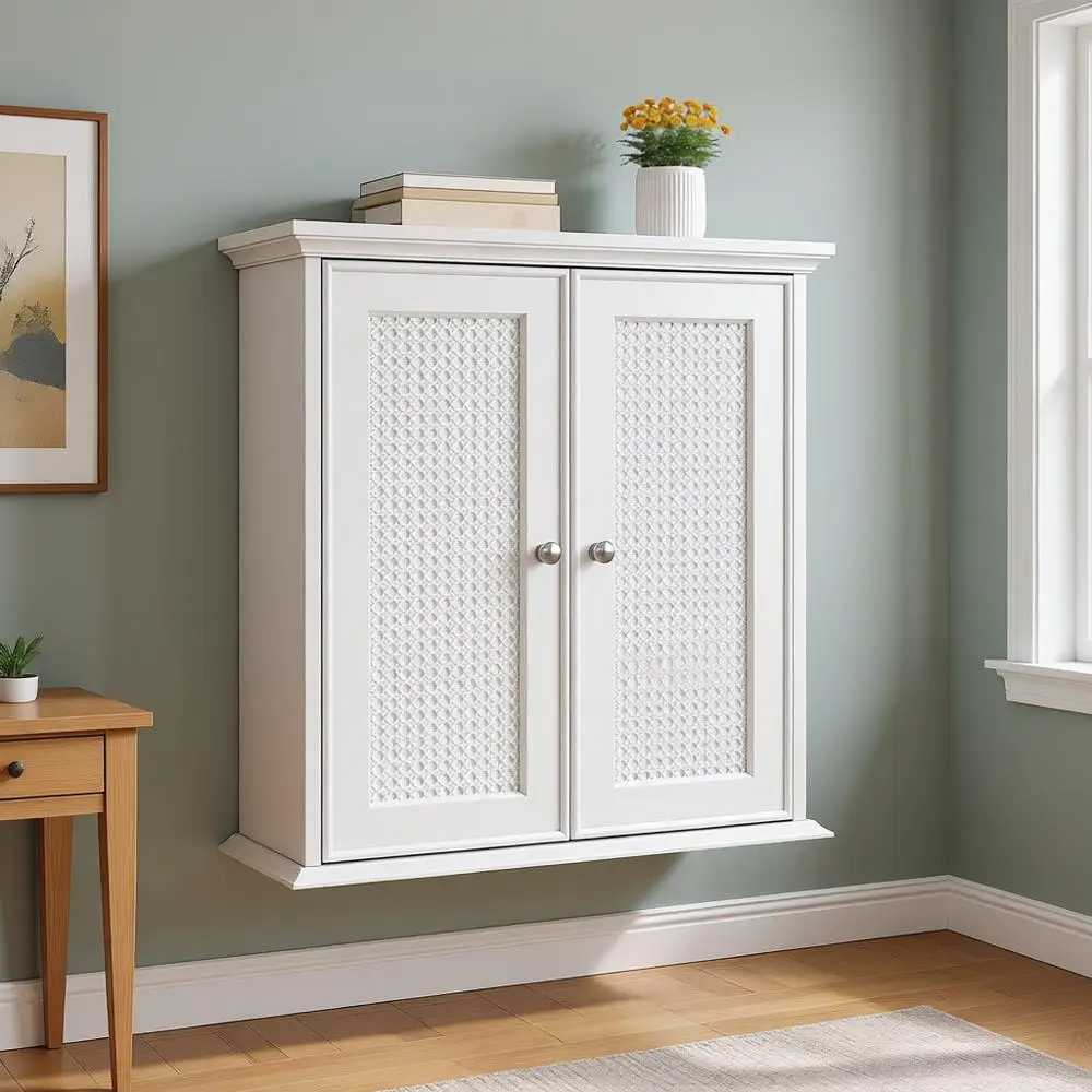 

Wall-Mounted Rattan Door Medicine Cabinet, 22.1W x 23.6H x 8.6D, Adjustable Shelves, Ideal for Toilet or Laundry Room