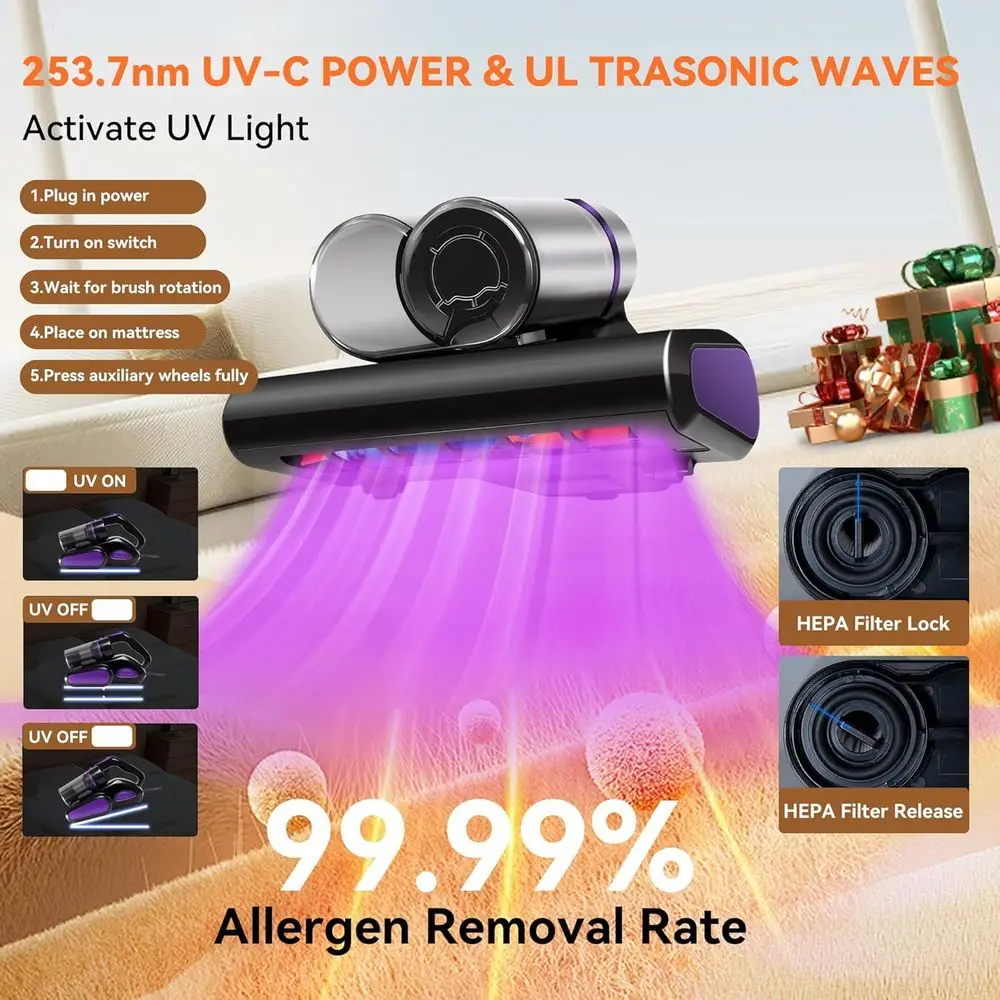 Corded 600W Mattress & Sofa Cleaner with 16KPa Suction, UV-C Light, 140°F Heat, and HEPA Filter for Pet Hair Removal