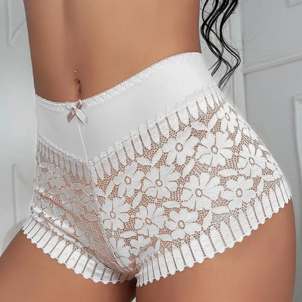 Women Underpants Solid Color Hollow Out Lace Flower Embroidery Mid Waist Briefs See-through Thin Breathable Lady Panties