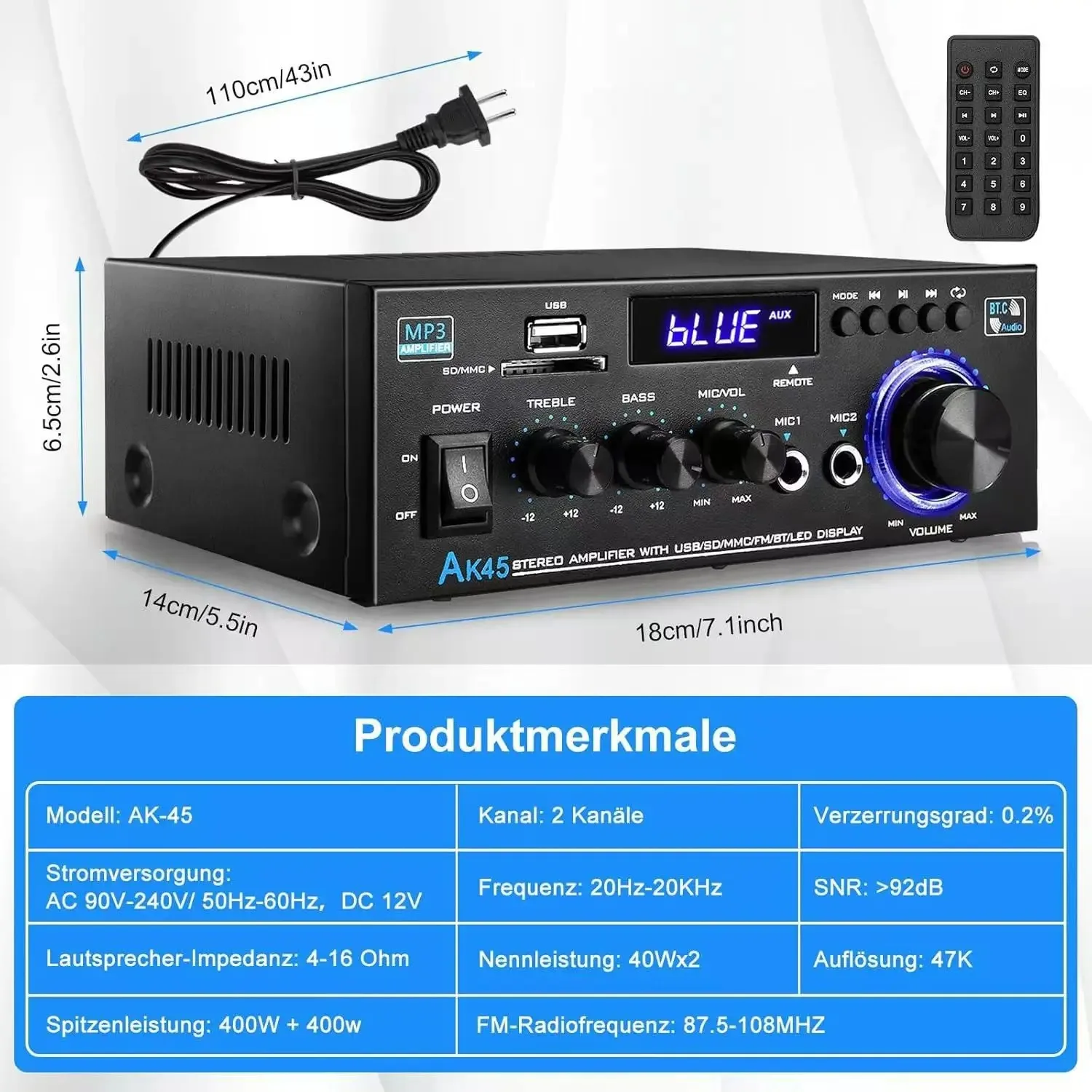 AK45 2-قناة بلوتوث مكبر صوت استيريو مع USB SD AUX FM مدخل شاشة الكريستال السائل هيئة التصنيع العسكري المدخلات التحكم عن بعد