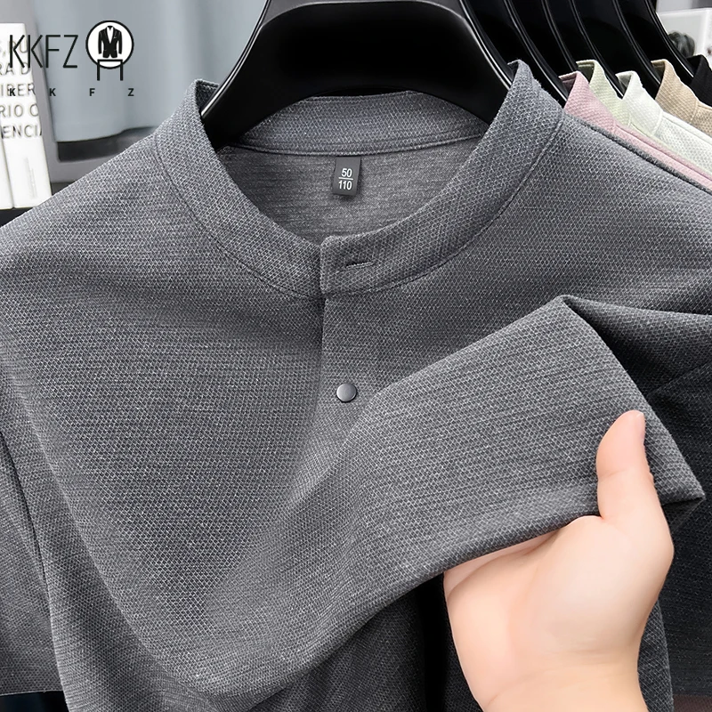 

Mens Casual Short Sleeve Polo Shirt Mandarin Collar Tops With Button Neck Design Soft Breathable Waffle Knit Tees For Men