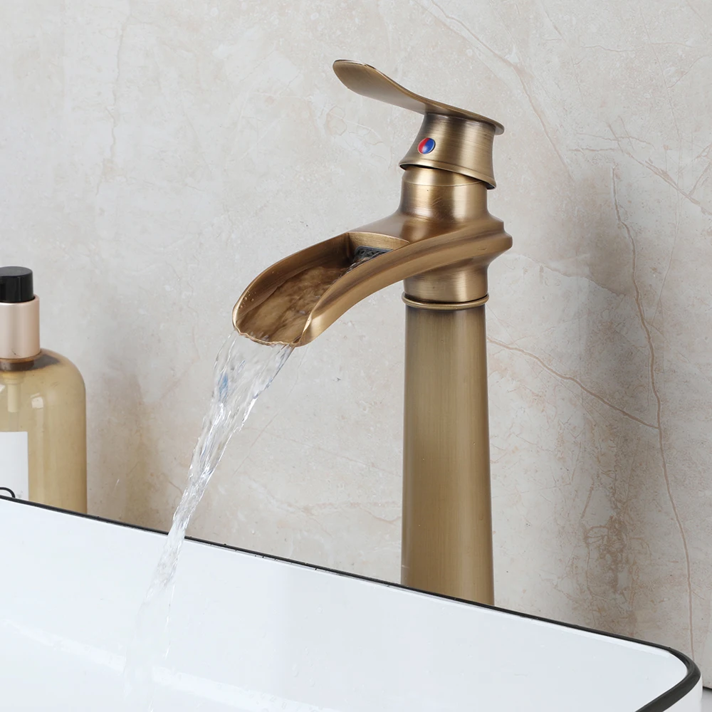 ZAPPO Antique Brass Bathroom Sink Faucet Waterfall Faucets Solid Brass Lavatory Vanity Hot Cold Water Mixer Tap 10 Choice