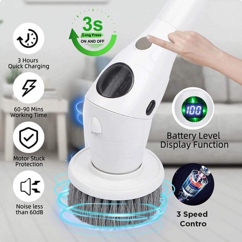 Electric Cleaning Brush 8-In-1 Display 3 Speed Rotatable with Light Kitchen Bathroom Floor Wireless Cleaning Brush