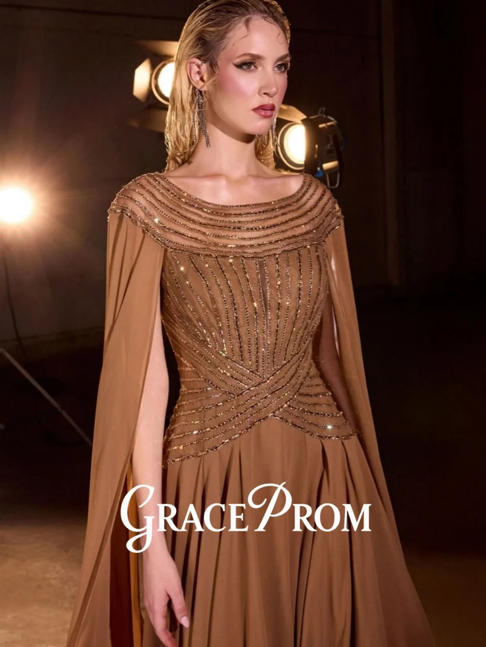 

Elegant Bronze Beaded Off-Shoulder Cape-Sleeve Evening Prom Dress Luxury Crystal-Embellished Carpet Gown Customized