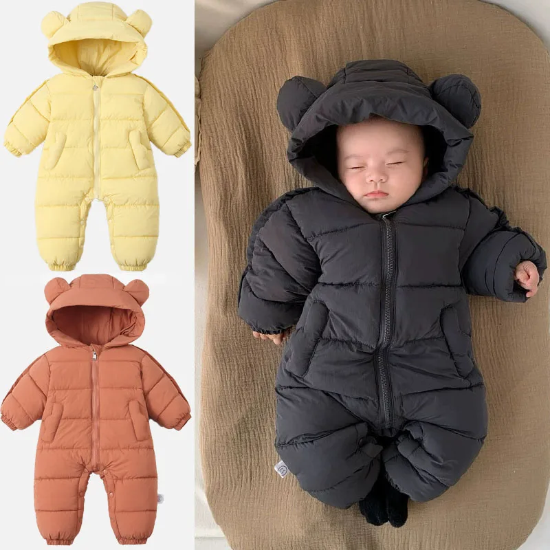 Baby Winter Down Onesies Kids Thickened Warm Crawler Suits Boys Girls Hooded Jackets 2026 New Children Outdoor Jumpsuits