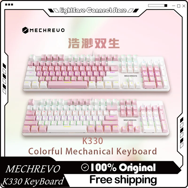 Mechrevo K330 Wired Mechanical Keyboard Metal Panel 104 Key Mixed Color Backlight White Pink Color Cyan Switch Gaming Keyboard