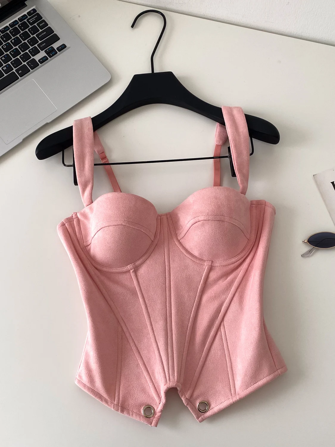 Retro Suede Crop Top Women's Pure Desire Style Fishbone Corset Slimming Outerwear Trendy Commute Splice Slim Fit Polyester