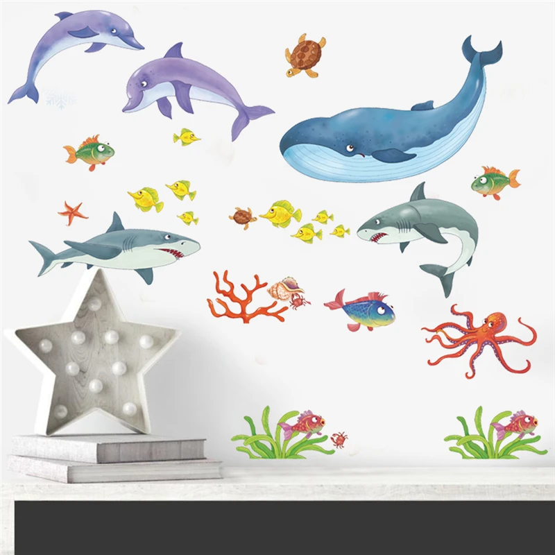 Vivid Fishes Shark Dolphin Whale Sealifes Wall Stickers For Kids Room Bathroom Decoration Ocean Mural Art Home Decal Pvc Posters