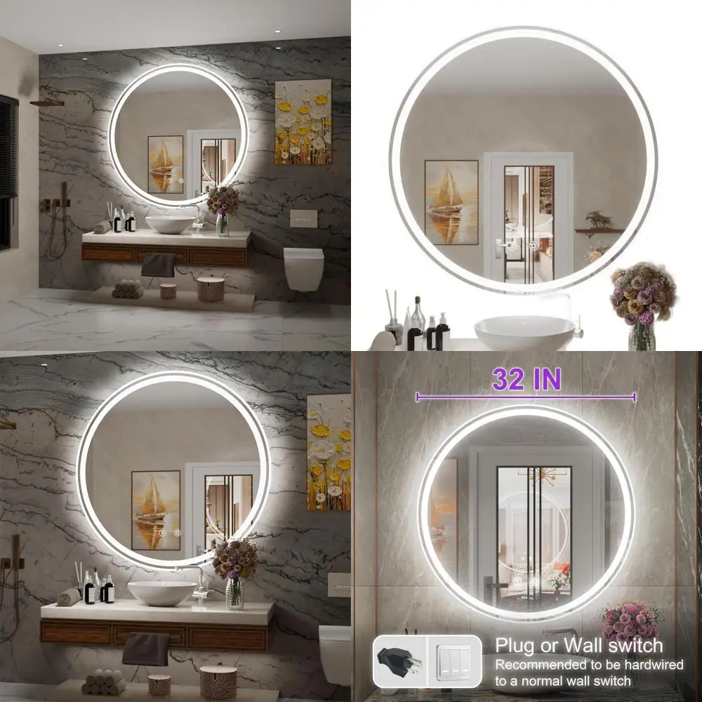 

32 Round LED Mirror with Anti-Fog, Dimmable Front, Backlit, 6000K Daylight, 5mm HD Glass, Memory Function, Touch Control