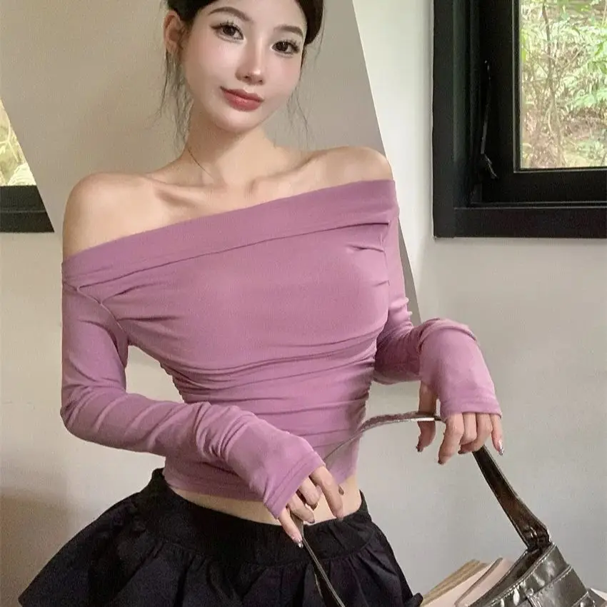 

Hot girl one shoulder long sleeve T-shirt female spring pure desire short style temperament sexy tight slim sun protection top