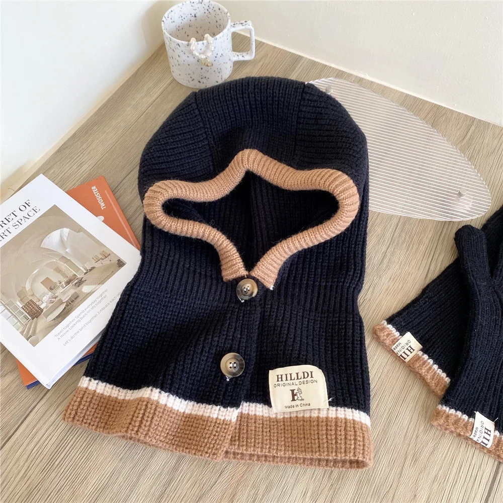 Girls Button And Neck Cover One-piece Hat Scarf Women\'s Autumn Winter Warm Headdress Knitted Wool Pullover Headgear Chapeau