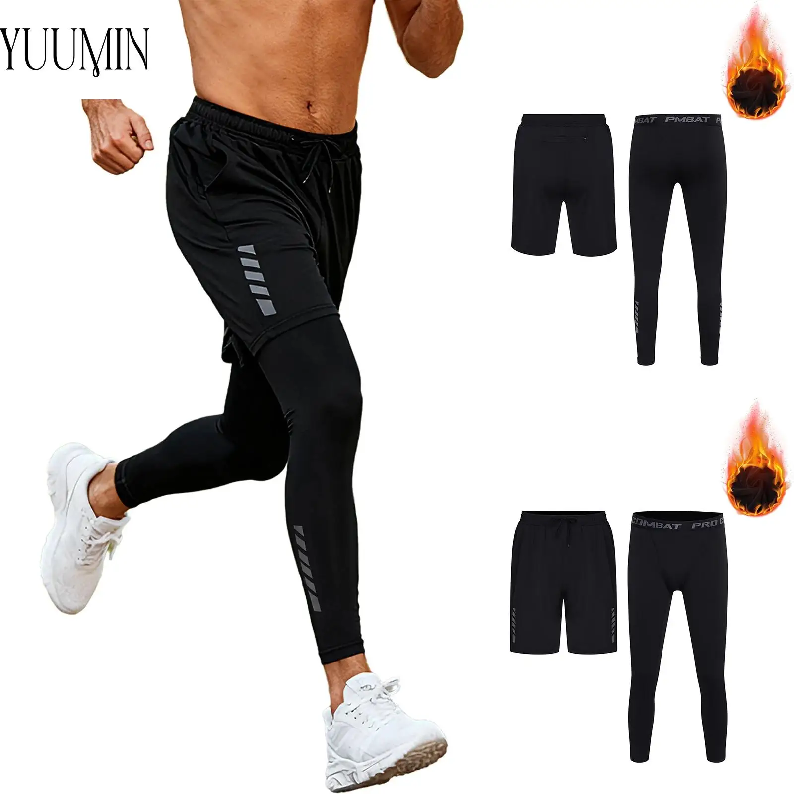 

Men 2-Piece Quick-drying Athletic Outfit Fleece-Lined Tights Leggings with Back Waist Shorts for Boxing Fitness Sports Running