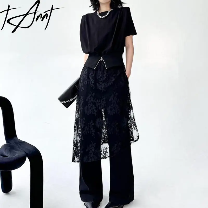 

Tannt женские брюки кружевные лоскутные черные искусственные брюки из двух частей женские асимметричные длинные широкие брюки с высокой талией новинка 2023 года