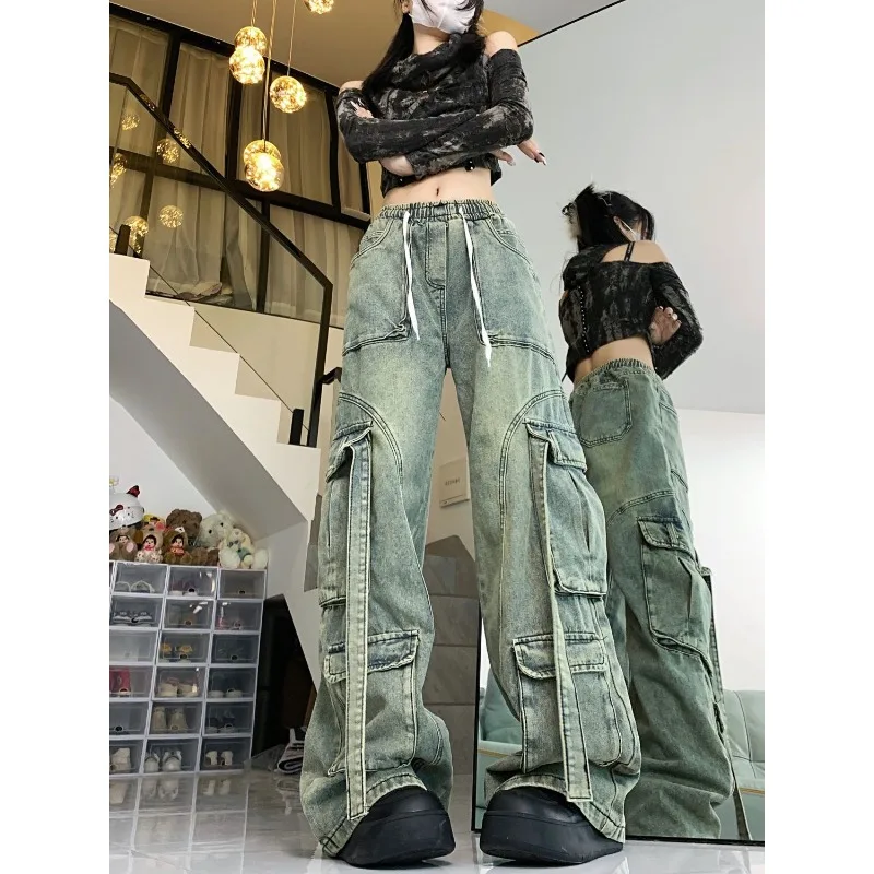 American Style Elastic Waisted Retro Jeans Make Old Washed Pocket Pants for Women Heavy-duty Design Loose Straight Leg Pants