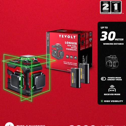YEVOLT YVGLL4XS12DP 그린 레이저 레벨, 3 평면 12 라인 셀프 레벨링 360, 3D 수평 및 수직, 2x3.6V, 3Ah 전력 측정