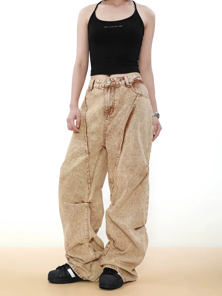 2024 Women Vintage y2k Gold Mud Yellow Baggy Jeans scene Korean Streetwear Grunge Low Waist Pants 2000s Japanese Trashy Clothes