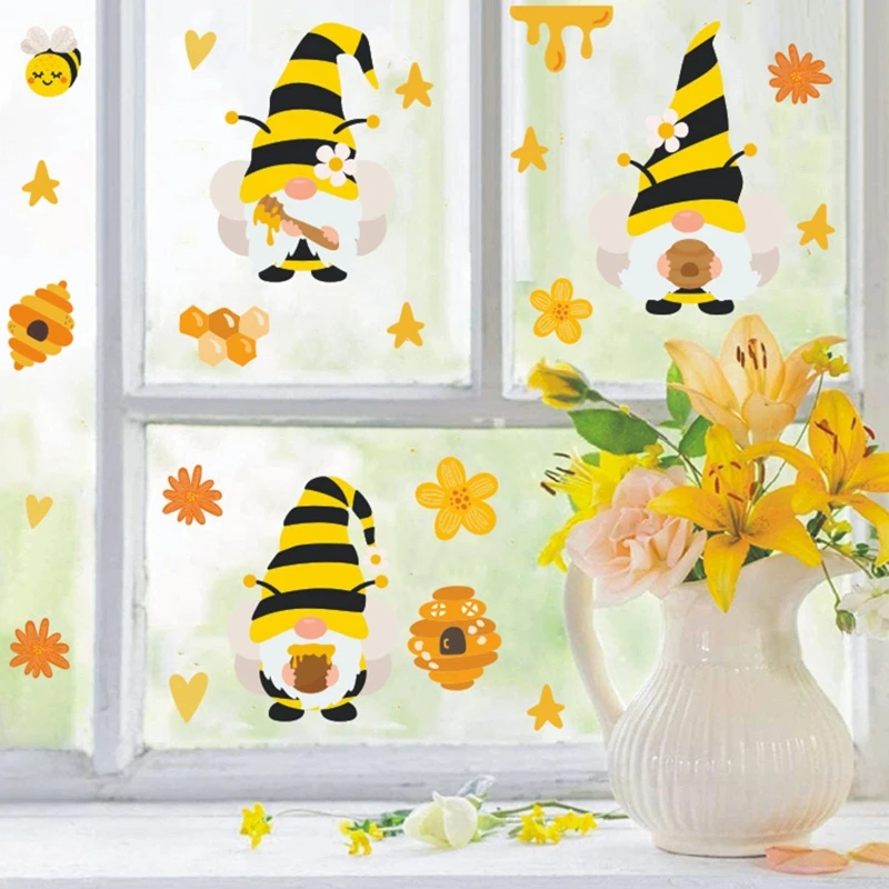 Honey Bumble Bee Gnome Window Clings Glass Wall Stickers Decals Decor for Spring Home Office Party Supplies