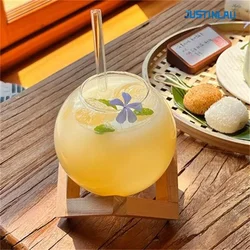 JUSTINLAU Cocktail Round Ball Glass Cup with Wood Holder Straw Transparent Moon Ball Cold Drinking Juice Cups Holiday Beach Cup