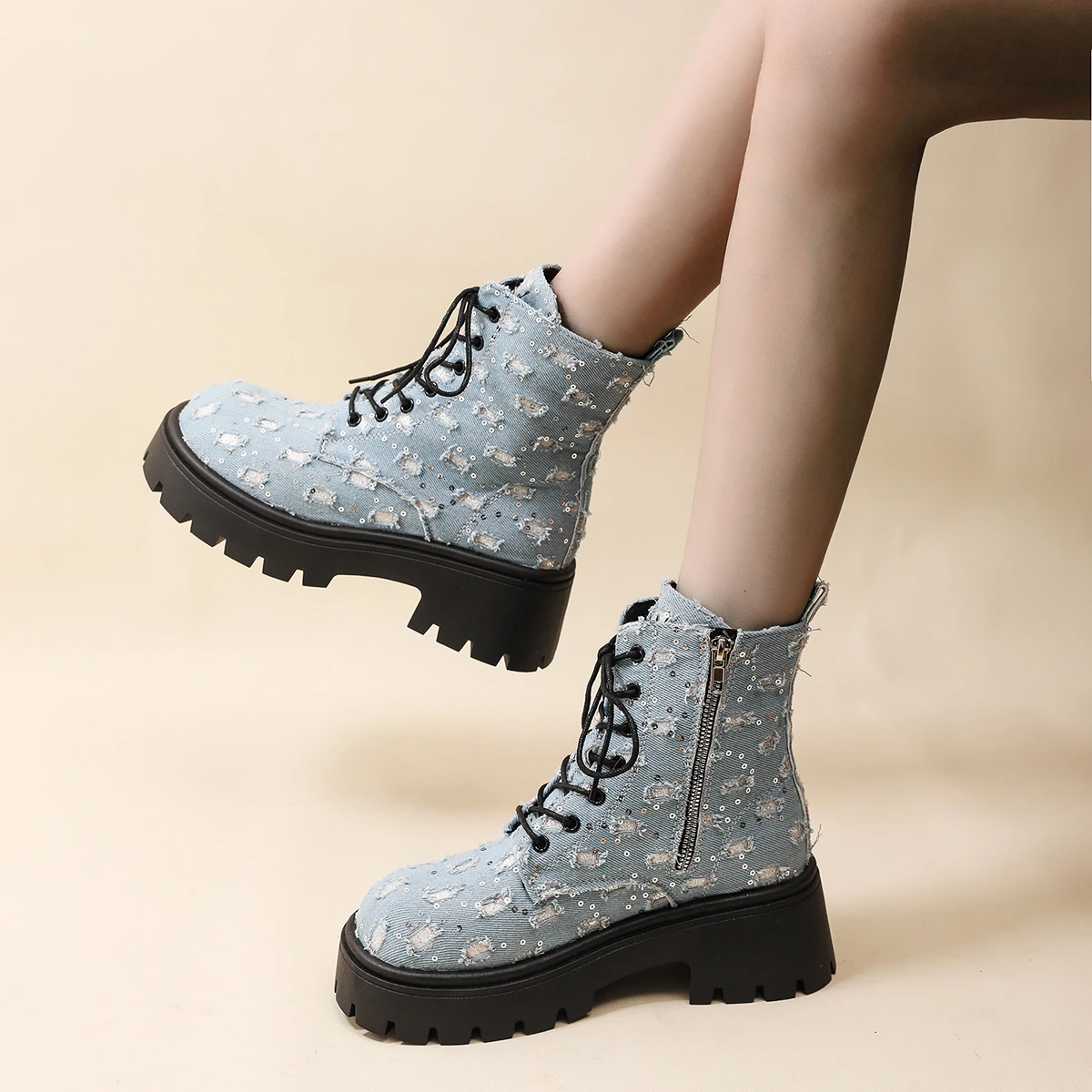 Retro Ripped Denim Platform Ankle Boots 2024 Women Thick Bottom Lace Up Shoes Women Fashion Blue Jean Cloth Chunky Heel Booties